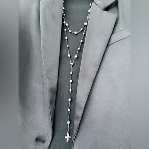 NEW cross, silver bead and black cord Necklace